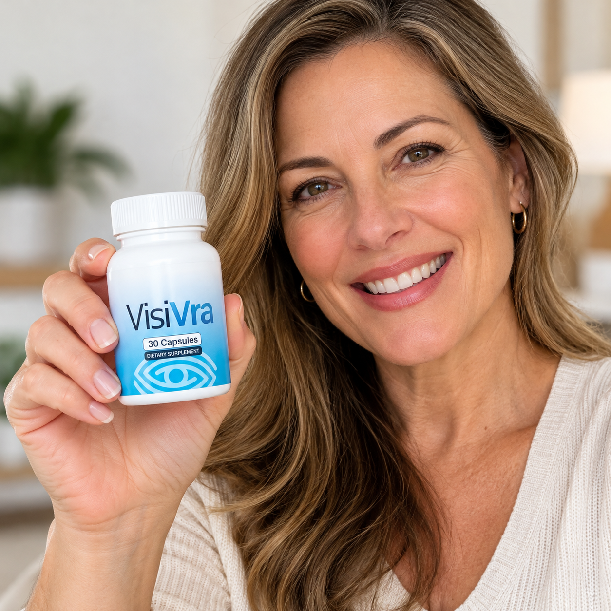 Woman holding VisiVra supplement